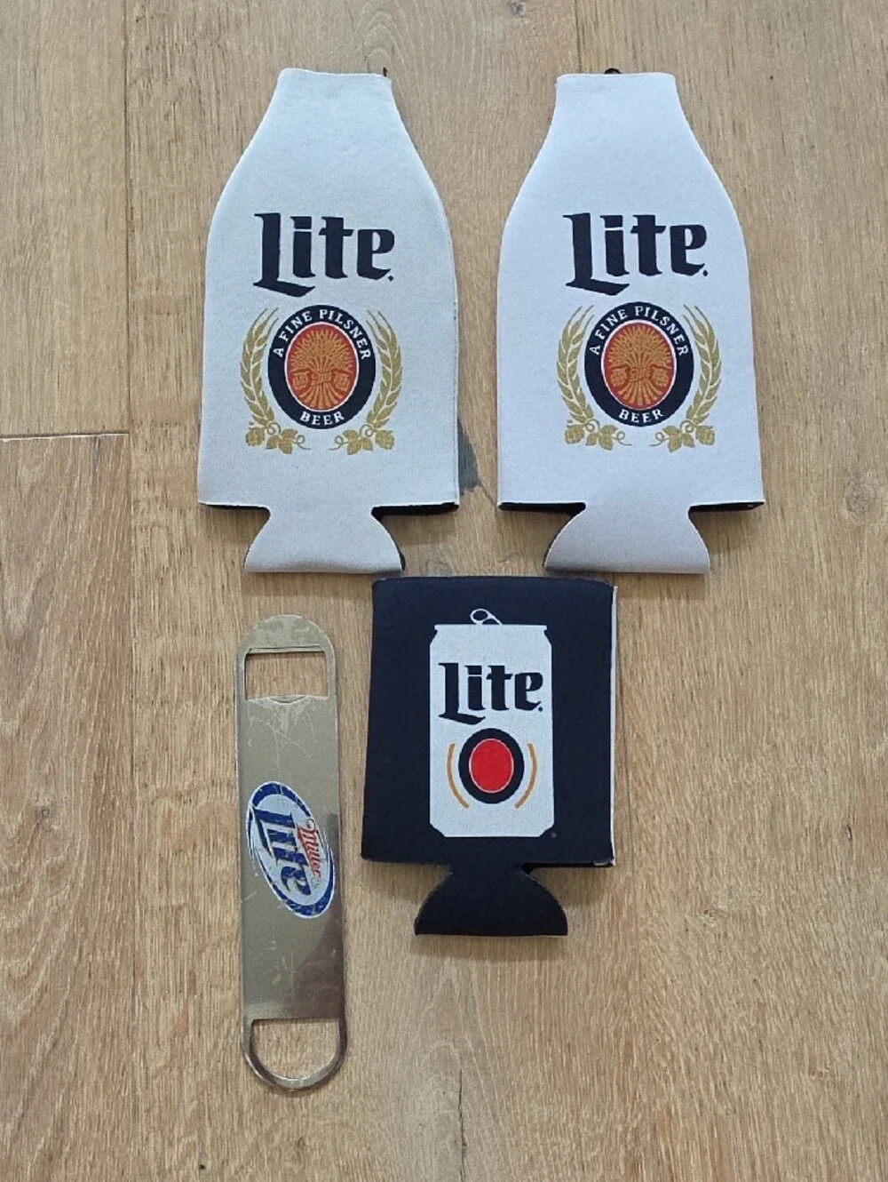 Miller Lite Koozies & Bottle Opener Set - White, Black and Gold
